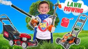 Lawn Mower Obstacle Course for Kids | Weed Eater | Leaf Blower | Grass Cutting Machine