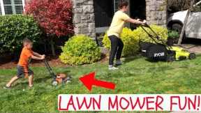 LAWN MOWER for KIDS: Toy Lawn Mowers vs Real Lawn Mower! HELPING MOM MOW GRASS