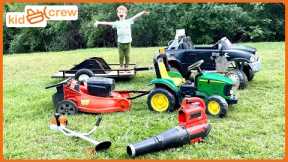 Mowing lawn with kids ride on toy trucks, tractor, trailer. Educational how a mower works | Kid Crew