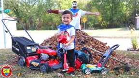 Leaf pile clean up with our lawn mower, weed eater and leaf blower | Lawn mowers for kids