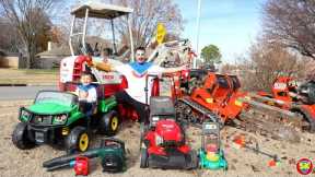 Lawn mower helps excavator at the playground with leaf blower, weed eater and chainsaw | Kids mowers