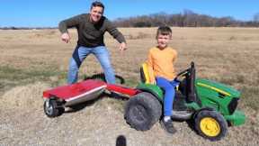 Using kids tractor to mow grass with new hay cutter | Tractors for kids