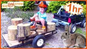 Real farm work compilation with kids toy truck, tractor, chainsaw, lawn mower, tools | Educational