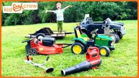 Mowing lawn with kids ride on toy trucks, tractor, trailer. Educational how a mower works | Kid Crew