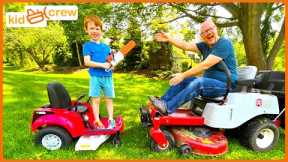 Landscaping race with zero turn, truck, tractor, chainsaw, and weed wacker. Educational | Kid Crew