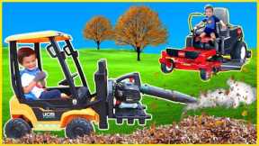 Forklift leaf blower clean up and cutting the grass with riding lawn mower and weed eater for kids