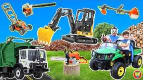 Using lawn mowers with garbage trucks and excavator in a mowing compilation with lawn tools for kids