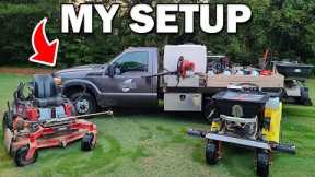 Lawn Care Equipment Setup Including Mower, Blower, Sprayers, Trimmer