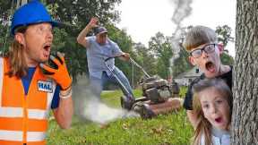 Handyman Hal helps friend with Lawn Care | Mowers and leaf blowers for kids