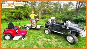 Mowing lawn with kids ride on zero turn, tractor, truck. Educational how a mower works | Kid Crew