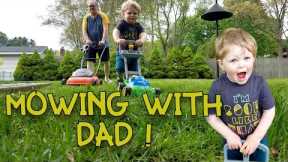 KIDS AND LAWNMOWERS | Two-Year-Old Helps Mow the Lawn | String Trimmer