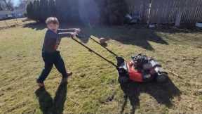 Lawn Mowers for Kids | Learning Yard Work with Kids | Mowing the lawn alone! Lawnmowers and Kids