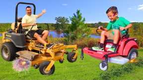 Mowing lawn with kids zero turn mower, riding mower, push lawnmower and weed whacker | Super Krew